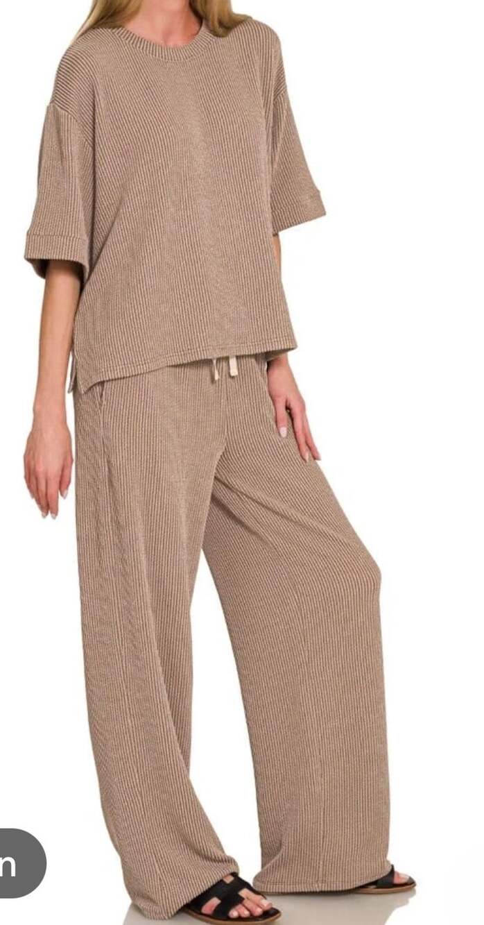 Zenana Raised Ribbed Short Sleeve two piece pant set taupe brown small New